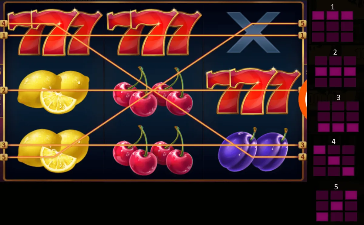 Main game screen with 3x3 reels and five fixed paylines